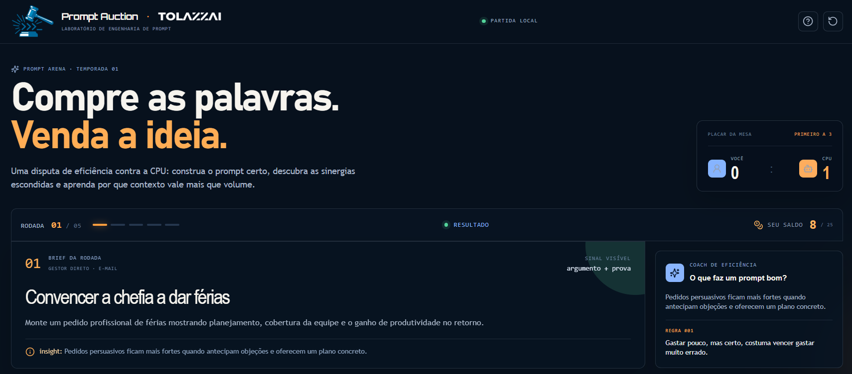 Prompt Auction - Jogo Educativo de Engenharia de Prompts TolazzAI